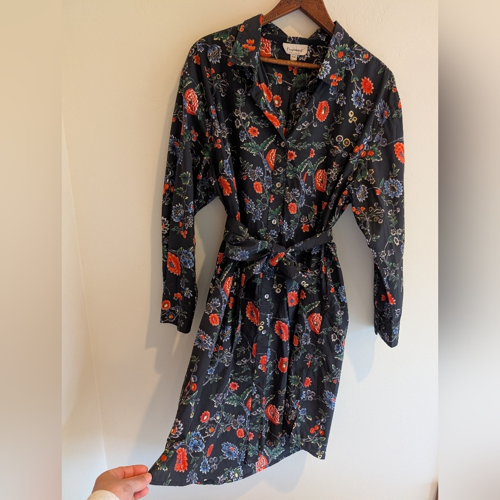 Fragonard Cotton Floral Self Belted Shirt Dress Free Size Navy Red
